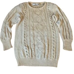 Bonnie Boerer Pret VTG Cream Fisherman Cable‎ Knit Pearl Embellished Sweater S/S